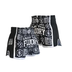 Fluory Drill Retro Muay Thai Shorts Black -Boxing Store MTFBlk1