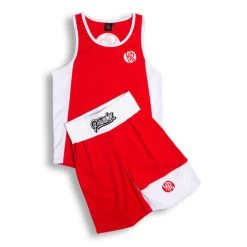 Powrbox Powrlight V1- Amateur Boxing Competition Shorts/ Singlet Set -Boxing Store PowrlightV1 AmateurBoxingCompetitionShorts SingletSet Red FRONT